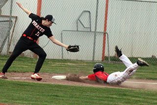 Levi McElroy steals third against Pomeroy. He then scored on Devon Poxleitner’s double for the game’s first run.