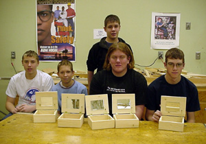 Ryan Daly, Nate Kaschmitter, Brandon Johnson, Eric Lerandeau and Daniel Sigler with the jewelry boxes they built for preschoolers.