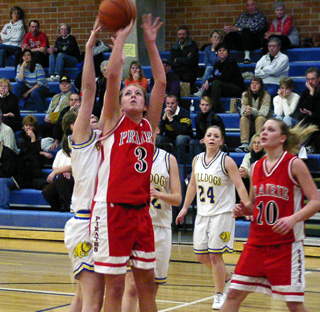 Briget Long tries to get a shot up past a Genesee block. Lacey Wargi is at right.
