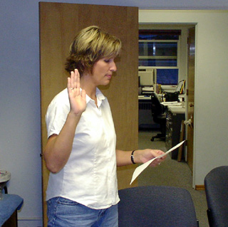Della Gehring is sworn in.