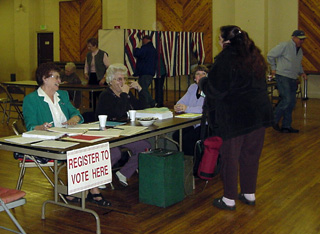 Election judges sign in a voter at the polls in Cottonwood.