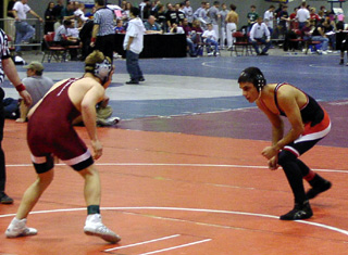 Richard Sonnen sizes up his opponent in his first match at state.