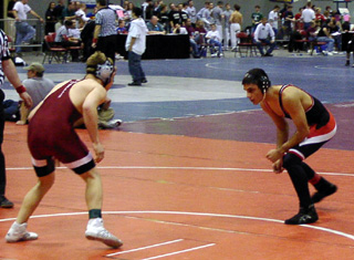 Richard Sonnen sizes up his opponent in his first match at state.