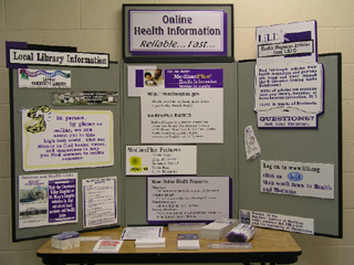 A National Library of Medicine website is featured on a display about using the internet to find reliable health information.