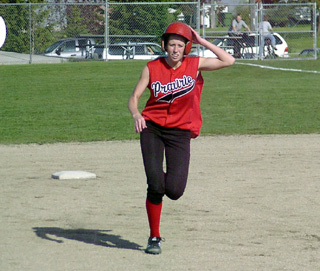 Ashley Schaeffer seems more concerned about keeping her hat on that running out her triple against Kendrick.