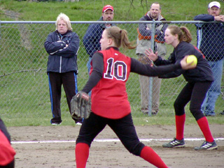 Meghan VanderPas unleashes a pitch at Grangeville. She tossed a 1-hitter.