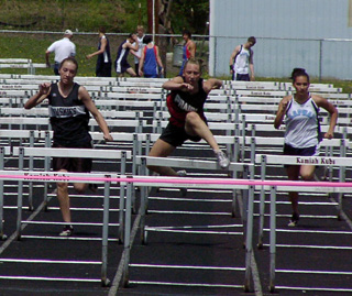 Tabitha Sonnen set a PR in the 100 hurdles at Kamiah Saturday despite hitting this hurdle.