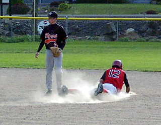 Mat Forsmann steals second after reaching on a bunt single to lead off the sixth. He ignited the game-winning rally.