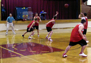 The Pirate boys run a 4 on 4 drill.