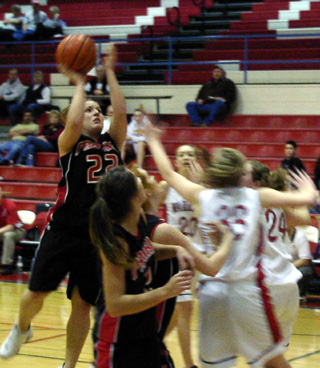 Meghan VanderPas shoots against Kootenai. She provided a big spark off the bench to help Prairie erase an 11-point deficit.