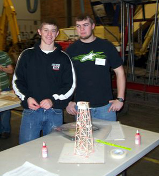 Nick Johnson and Kyle Holthaus with a tower in Structural Engineering. The tower held 80 pounds.