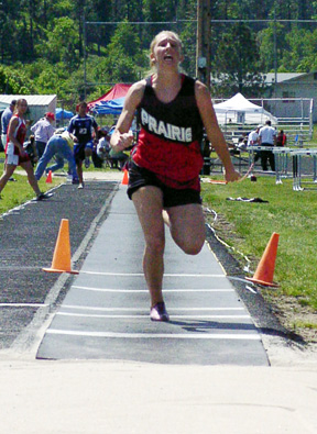 Tabitha Sonnen advanced to state in 3 events plus a relay. Here she is in the triple jump where she placed third. She was first in the 100 hurdles and 4th in the 300 hurdles.