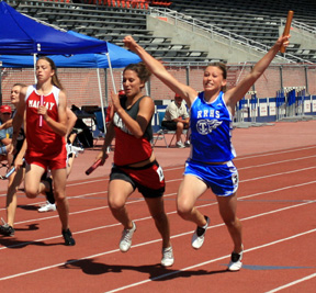 Raft River's runner  celebrated too early allowing Nicole Nida to slip past her at the finish line.