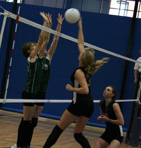 Chelsea Longs spikes the ball in District Tournament action as Tiffany Schaeffer watches.