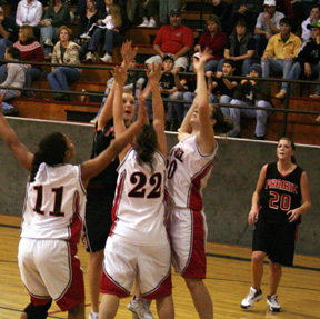 Sarah Arnzen gets a shot up amidst a forest of Greenleaf players. Kim Schaeffer is at right.