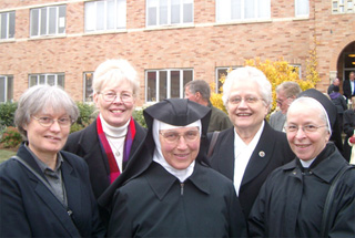 Shown from left are Sr. Donna Marie Chartraw, Prioress of Queen of Angels Monastery; Sr. Clarissa Goeckner, Prioress of the Monastery of St. Gertrude; Mother Maria Andrea Kappeli,  Prioress of the Monastery of Maria Rickenbach, Switzerland; Sr. Kathryn Huber, President of the Federation of St. Gertrude; and, Sr. Anita Baumann of the Monastery of St. Niklaus von Fle, Switzerland.