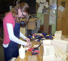 Lindsey Heitman making jewelry boxes.  Not pictured is Katie Lowe