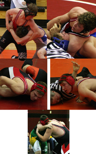 Shown are the wrestlers who qualified for state. Clockwise from top left are Brandon Poxleitner, James Jackson, Mike Matson, Mitch Jungert and Jake Wimer.