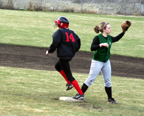 Kim Schaeffer rounds second as she hit a triple down the right field line at Culdesac.