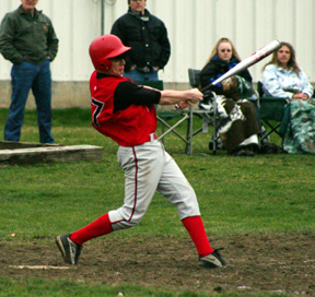 Kyle Holthaus takes a big cut at a pitch.