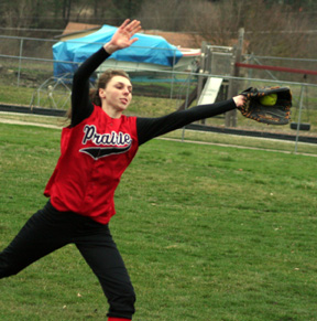 Tiffany Schaeffer snags a sinking liner near the foul line in right field at Kamiah.