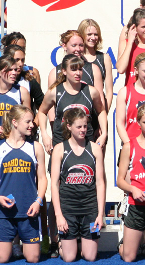 The girls 4x200 team after receving their 4th place medals. From top down are Katie Nuxoll, Kayla Lorentz, Kristin Hill and NaTosha Schaeffer.