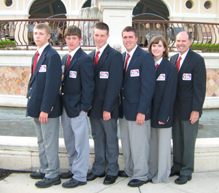 From left are Steve Baerlocher, Kyle Holthaus, Garrett Workman, Chance Ratcliff, Alex Richardson and Jerry Richardson at the TSA National convention.