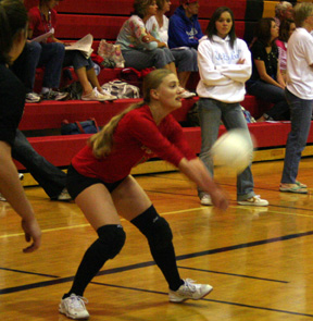 Leora Laurino digs up a serve against LaCross-Washtucna at the Gar-Pal Tournament.