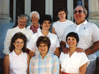The Eager Eight - St. Gertrude's first eight oblates in 1988. From left to right, back row: Karen Dunham, Maxine Quebral, Carolyn Aschenbrenner, Mariel Arnzen, Fred Kelley; front row: Jane Frith, Linda Stubbers, Jeannette.