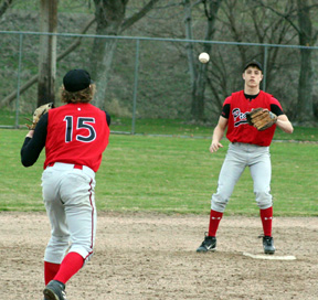 Shortstop David Sigler tosses to 2nd baseman Kyle Daly for a forceout.
