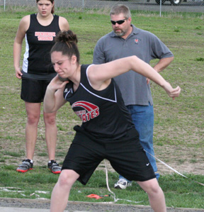 Kaylee Uhlenkott took second in the shot put in her first meet back after suffering a leg injury in a basketball tournament.