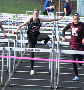 NaTosha Schaeffer in a heat of the 100 hurdles at Kamiah.