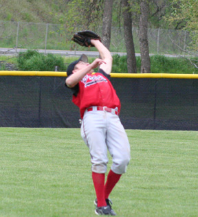 Kyle Holthaus went a long ways into left field to make this catch and then wound up tumbling over backward.