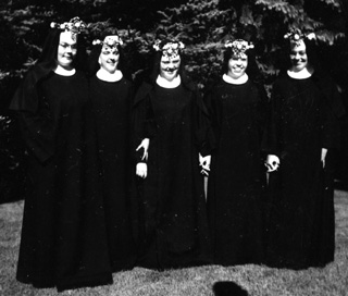 First Profession, June 11, 1959. From left: Sisters Mary Kay Henry, Cecile Marie Uhlorn, Mary Geis, M. Lucia Mick and M. Thomas Schmid.
