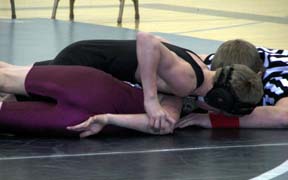 Justin Ross is about to pin Tyler Ringen of Kamiah at the Grangeville Tournament.