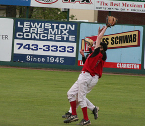 David Sigler and Beau Schlader come together on a pop-up in the first Potlatch game. Schlader, foreground, made the catch.