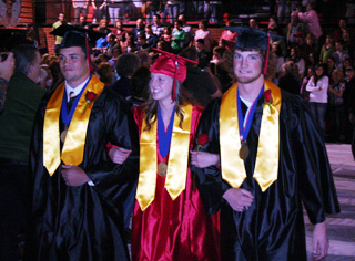 Valedictorians Kyler Shumway, NaTosha Schaeffer and David Sigler during the Processional.