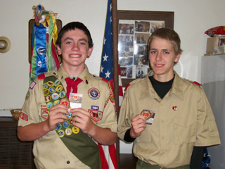 Seth Chaffee and Mike Karel hold their Life Scout awards. Photo by Shari Chaffee.
