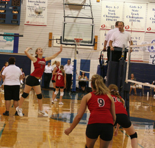 Tanna Schlader goes up for a spike at the Jamboree in Grangeville last week. Also shown are Shelby Duman, 9, and Kayla Johnson, 10.