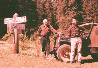 Public Access to our National Forests is a long standing tradition for the residents of Idaho County.  The Forest Travel Planners goal is to preserve that age old privilege and protect the forest resources for many years to come.  Pictured here are the late John Jenny and the late Urban Riener, in the 1950s on the USFS Road between Adams Ranger Station and  Little Slate Creek. Photo Provided by Jean Poxleitner.