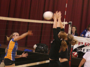 Kayla Johnson and Shelby Duman put up a wall as they block a Nezperce spike.