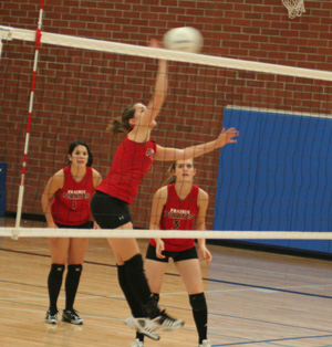Megan Sigler spikes the ball at the Genesee Tournament as Fran Johnson and Tanna Schlader watch.