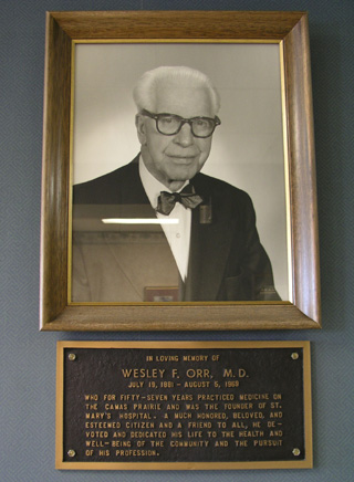 A photo of Dr. Wesley Orr hangs in the hospital.  His influence prompted the Sisters of St. Gertrude to first open a hospital in 1930.