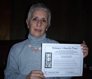Jeanette Gorman, CVHC/SMHC Community Relations Coordinator, holds a flyer publicizing their monthly Womens Health Days at four of their clinics. Women can receive their wellness exam and a mammogram on the same day.