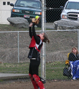 Haleigh Schmidt catches a foul pop-up behind home plate in the Orofino game.
