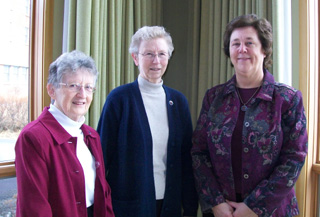 Sister Joella Kidwell, OSB, president of the Benedictine Federation of St. Gertrude (left), presided over the discernment process. The facilitators were Sister Jane Backer, OSB (center) from the Monastery Immaculate Conception in Ferdinand, Indiana and Sister Mary Jane Vergotz, OSB (right) from Mt. St. Benedict Monastery in Erie, Pennsylvania.