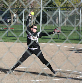Megan Sigler is about to let fly with a pitch in the Lady Pirates first game against Moscow Monday evening at Lewiston.