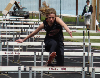 Brandi Gehring in the 100 meter hurdles at the meet in Kamiah last Saturday. Photo by Kayla Raymond.