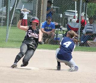 Megan Sigler slides past Genesee shortstop Brooke Dahmen for a stolen base. If it seemed like she was on base all the time, its because she was with 10 hits and a walk, plus reaching once by an error in 14 plate appearances.