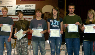 Forever Free Drug Free Scholarship winners are shown. Fromleft are Silas Whitley, Randy Becker, Brock Heath, Kayla Johnson, Garrett Workman and Sheri Schumacher. Photo provided by PHS.
